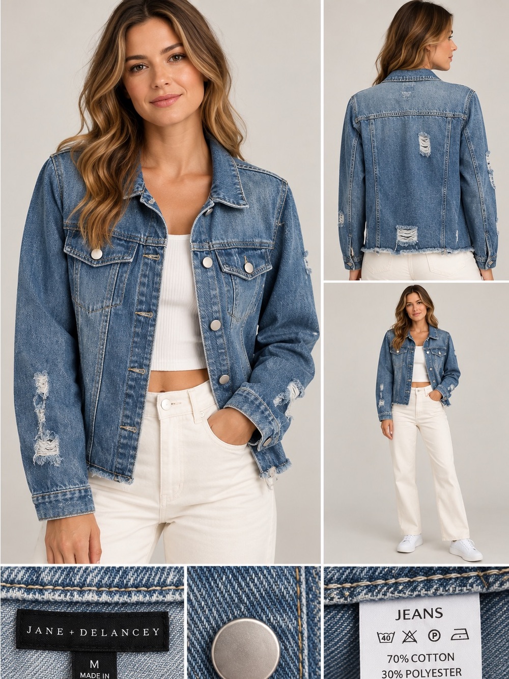 Distressed Medium Wash Denim Jean Jacket Raw Hem Women’s Size M